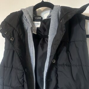 Y2K Arizona Jean Co Women's Black Gray Quilted Puffer Vest Hooded Full Zip‎ S